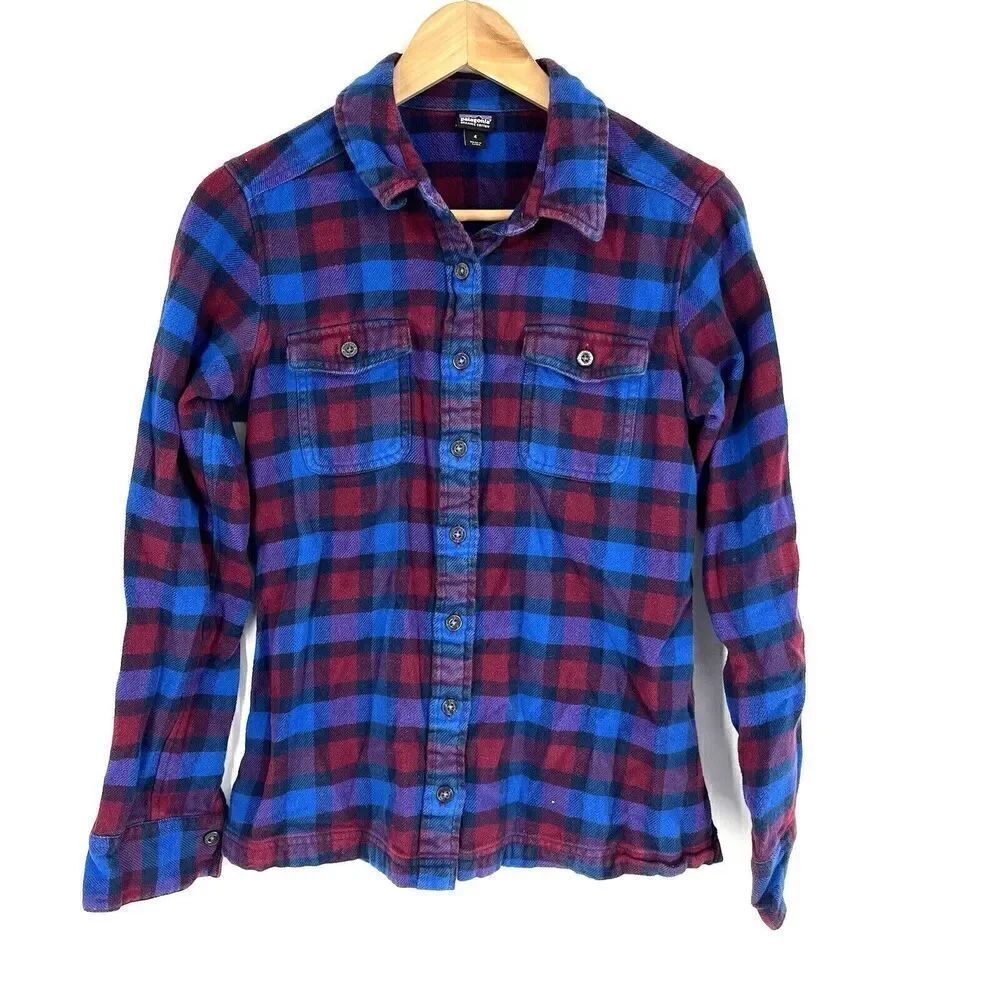 Patagonia Shirt Size 4 Womens Blue Red Long Sleeve Organic Cotton Fjord Flannel